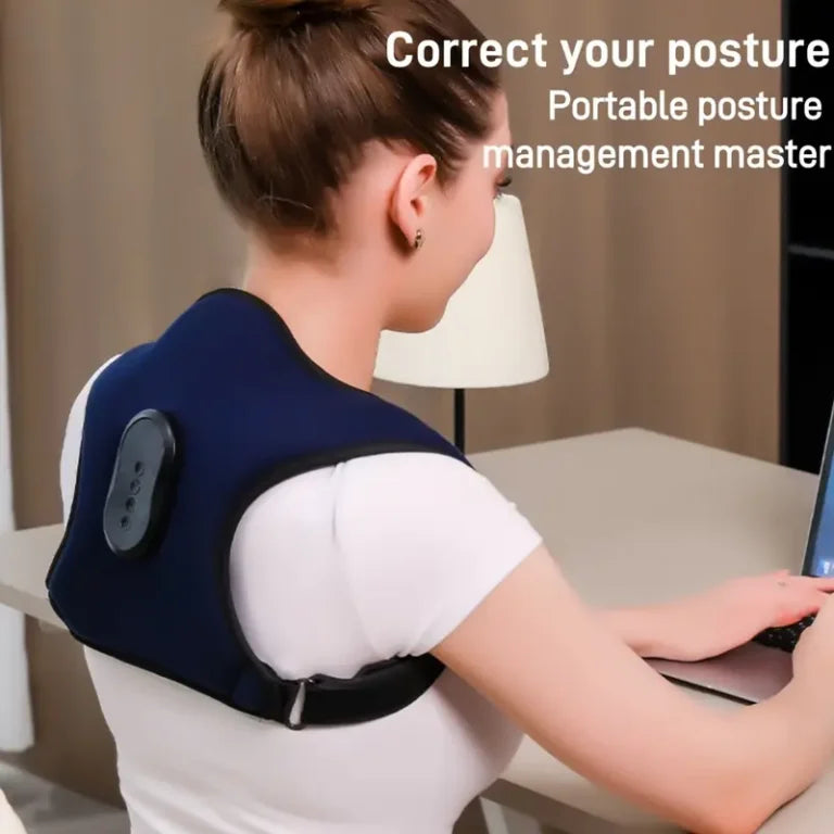 【 Heating Function 】 Adjustable posture corrector for men and women – Home use, USB charging, cervical and shoulder heating vibration massaging device, ergonomic design, 2000mAh battery, deep blue, home health care device |