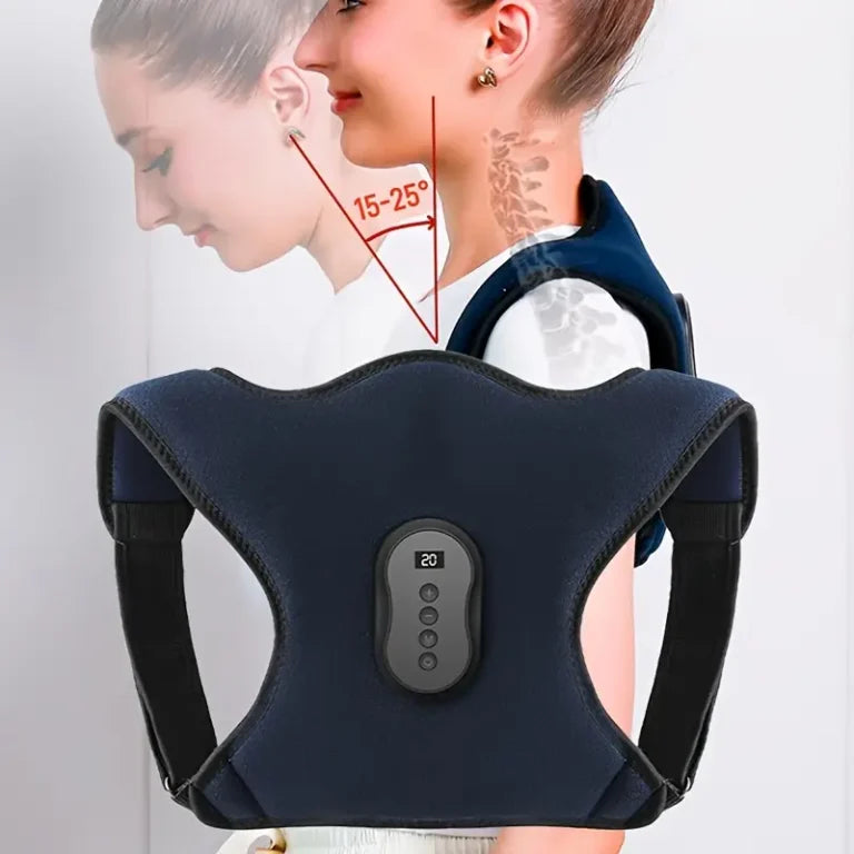 【 Heating Function 】 Adjustable posture corrector for men and women – Home use, USB charging, cervical and shoulder heating vibration massaging device, ergonomic design, 2000mAh battery, deep blue, home health care device |