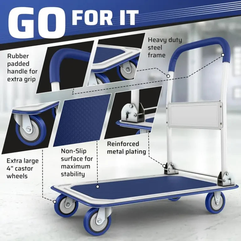 Folding flatbed carts, hand carts and warehouse rolling flatbed carts with rotating wheels, with a load capacity of 660 pounds, are very suitable for use in homes, cars, offices and outdoors