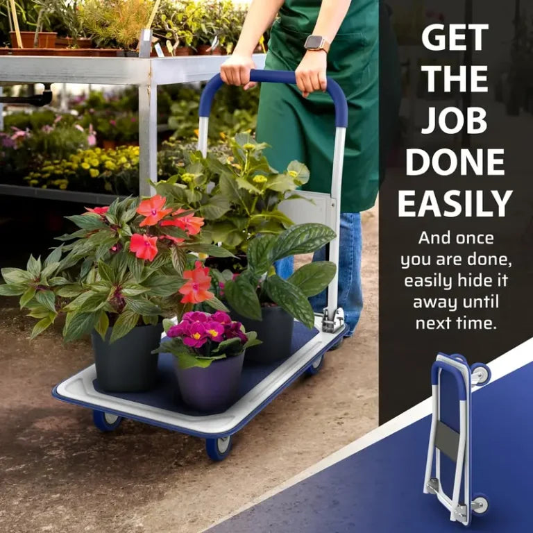 Folding flatbed carts, hand carts and warehouse rolling flatbed carts with rotating wheels, with a load capacity of 660 pounds, are very suitable for use in homes, cars, offices and outdoors