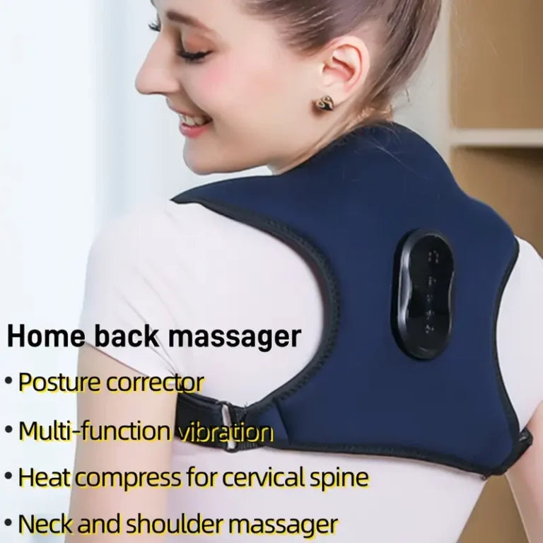 【 Heating Function 】 Adjustable posture corrector for men and women – Home use, USB charging, cervical and shoulder heating vibration massaging device, ergonomic design, 2000mAh battery, deep blue, home health care device |