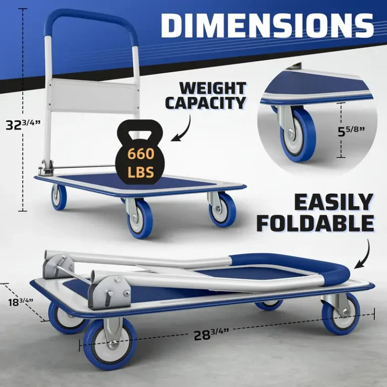 Folding flatbed carts, hand carts and warehouse rolling flatbed carts with rotating wheels, with a load capacity of 660 pounds, are very suitable for use in homes, cars, offices and outdoors